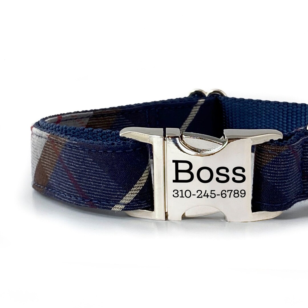 Personalized Navy Blue Plaid Dog Collar: Laser Engraved Buckle - Etsy