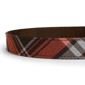 May include: A brown dog collar with a plaid pattern in shades of orange, brown, and white.