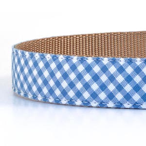 May include: A blue and white gingham dog collar with a brown webbing backing.