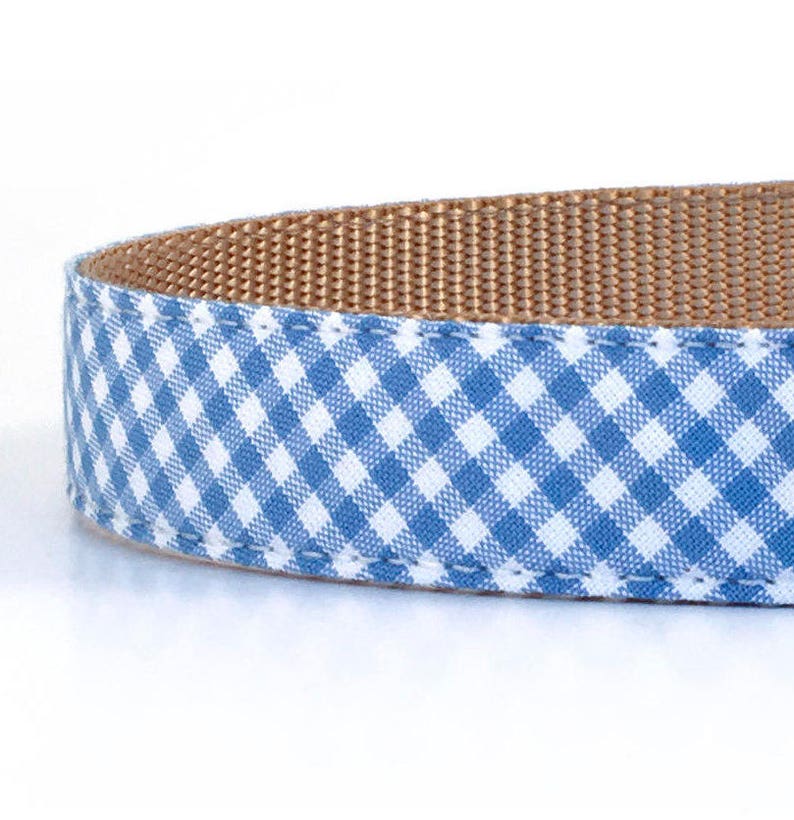 May include: A blue and white gingham dog collar with a brown webbing backing.