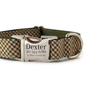 Personalized Dog Collar - Olive & Tan Plaid with Laser Engraved Buckle - Pet ID Dog Collar - Dog Collar Personalization - Name Dog Collar