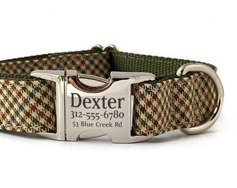 Personalized Dog Collar - Olive & Tan Plaid with Laser Engraved Buckle - Pet ID Dog Collar - Dog Collar Personalization - Name Dog Collar