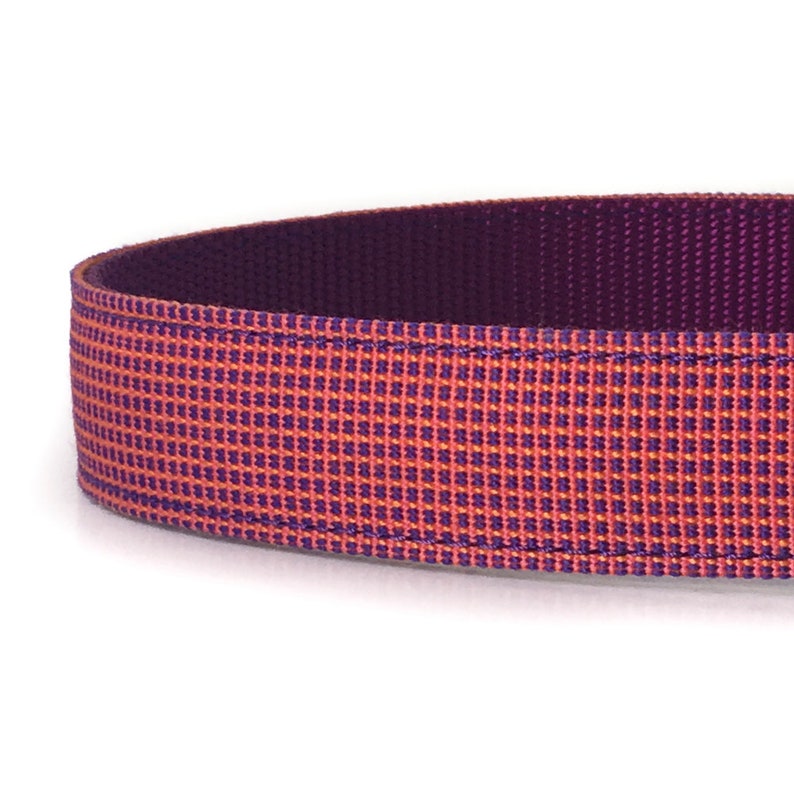 Puede incluir: Primer plano de un collar para perro de color naranja brillante y morado con un patr&oacute;n a cuadros.