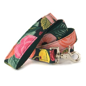 Floral Dog Leash in a Botanical Canvas from Rifle Paper Co - Pink, Coral and Yellow Flower Dog Lead - Girl Dog Leash - Female Dog Leash