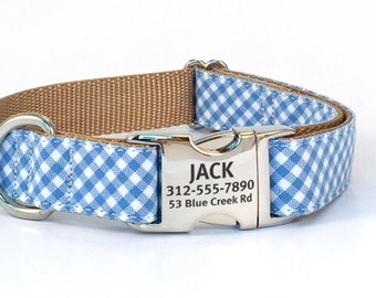 Blue Gingham Dog Collar: Personalized Engraved Buckle, Spring Summer Style
