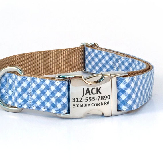 Blue Gingham Dog Collar: Personalized Engraved Buckle, Spring Summer Style
