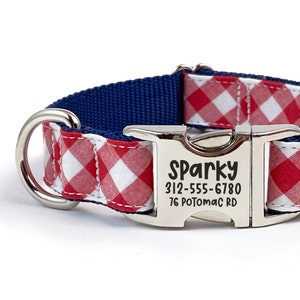 Personalized Gingham Dog Collar: Red, White, and Blue Plaid, Engraved Buckle