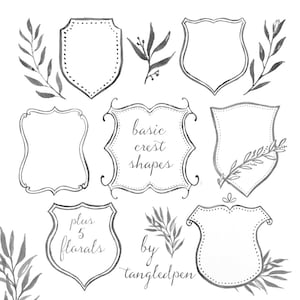 hand painted gray crest basic shapes for custom design crests and heraldry - watercolor clip art - digital download - diy wedding invitation