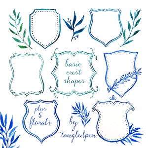 hand painted crest basic shapes for custom design crests and heraldry - watercolor clip art - digital download - diy wedding invitation