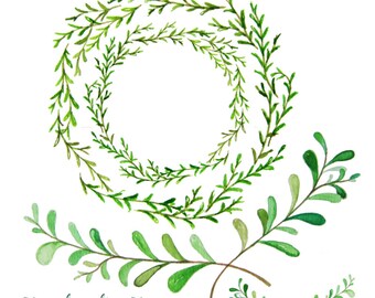 hand painted flourishes leaves twigs wreath and banners - watercolor clip art - digital download - diy wedding invitation