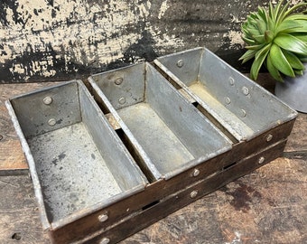 Vintage Industrial 3 Loaf Bread Mold Pans Ideal As Container Planters For Herbs, Succulents and Flowers, 13" w x 8 1/4" l x 3" d