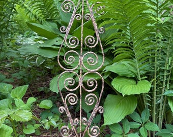 Vintage Garden Trellis Stake With Scrolled Metal and Chippy Patina, Salvaged Piece, 30" Ht