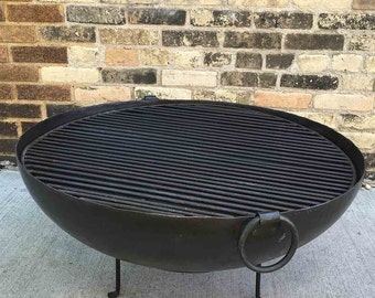 Large Recycled Steel Fire Bowl / Fire Pit From India Made From Stamped Steel w/ BBQ Grill Grate & Stand, 30.5 dia, Outdoor Cooking, BBQ