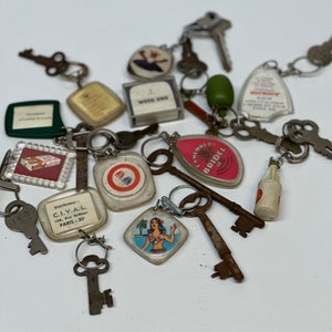 Vintage French Advertising Keychain Lot with Antique Keys - 1960s