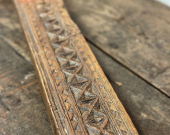 Architectural Salvage Wood Trim Moulding With Carved Ornamental Design, 54 1/2" w x 4" ht x 2 1/2" d, Hooks On Back For Hanging
