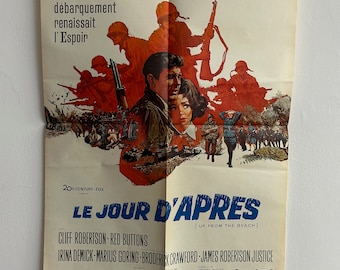 Vintage Film Movie Poster Affiche From France For 1964 American War Movie Up From The Beach (Le Jour D'Apres) D-Day Movie, 23” x 31 1/4"