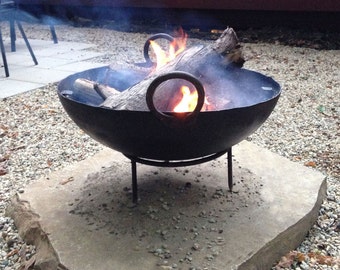 Medium Recycled Steel Firebowl / Fire Pit From India W/ BBQ Grill Grate and Stand, 23.5” Dia, Made From Stamped Steel, Outdoor Cooking, BBQ