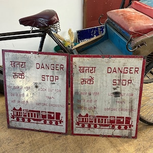 Vintage Metal Train Crossing Sign: Handpainted Indian Decor (20.5x26.5)