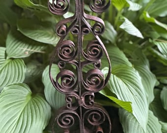 Rustic Wrought Iron Garden Trellis Stake Upcycled From Old Balcony Railing, Architectural Salvage, 28" Ht