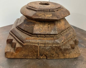 Rustic Carved Wood Riser Base With Geometric Style, Great As A Plant Stand, Vintage 100+ Years Old, 10 1/2" x 10 1/2" x 6" ht