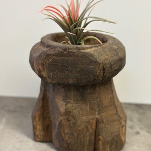 Vintage Hand Carved Wood Mortar, Rustic Succulent Planter, India