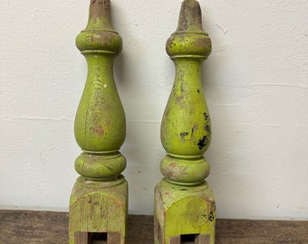 Set of 2 Large Turned Vintage Salvaged Wood Spindle Legs From Old Table Or Bed Frame Ideal For Art Projects Garden Decor,  19” ht x 3 3/4” w