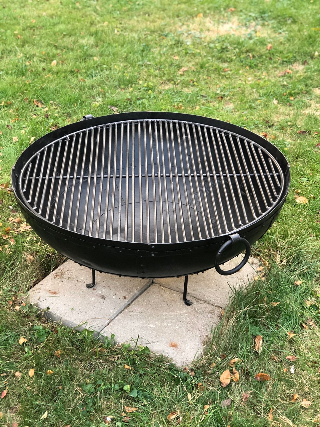 Large 31 Recycled Steel Fire Bowl Fire Pit With Grate Made in India Using Traditional Riveted Steel Includes BBQ Grill Grate Stand Etsy UK