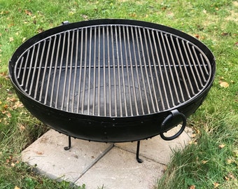 Large 31" Recycled Steel Fire Bowl / Fire Pit With Grate Made In India using Traditional Riveted Steel, Includes BBQ Grill Grate & Stand