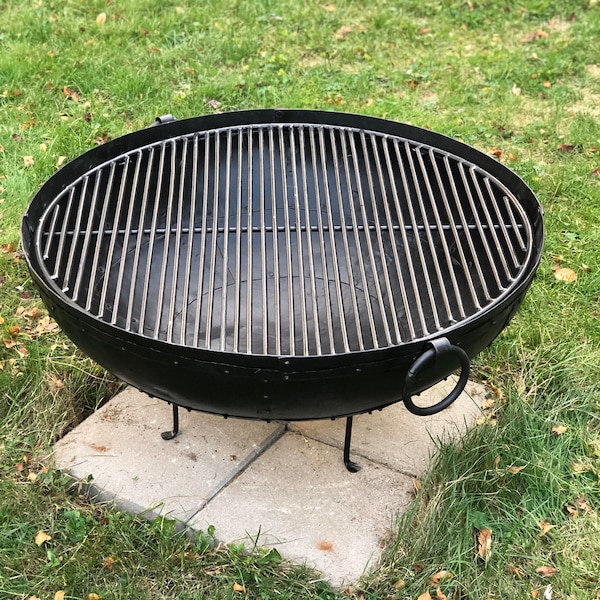 Large 31" Recycled Steel Fire Bowl / Fire Pit With Grate Made In India using Traditional Riveted Steel, Includes BBQ Grill Grate & Stand