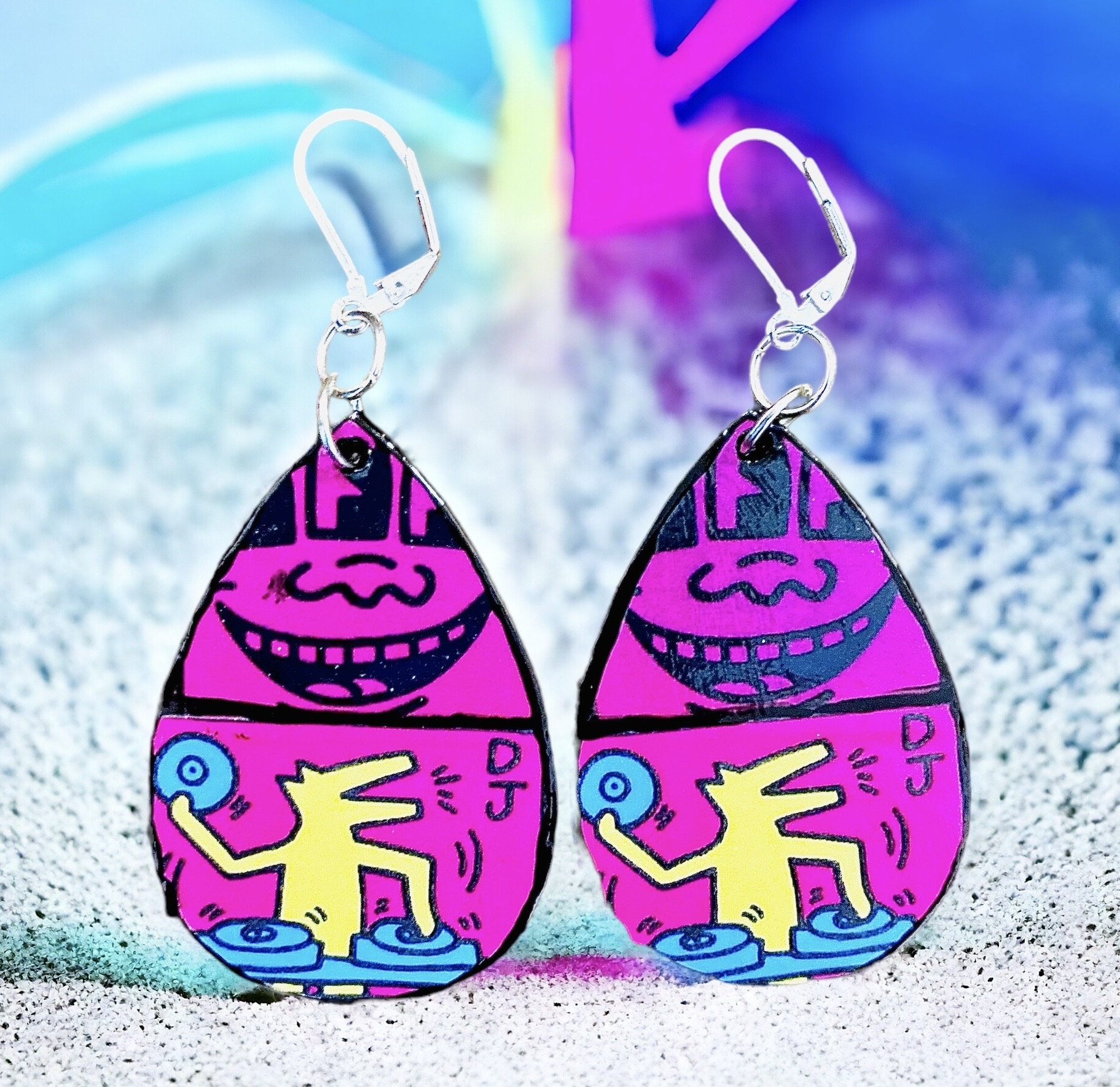 DJ Dog Earrings: Haring Art, Hip Hop Jewelry, Handmade, image size:1823x1769
