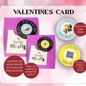 May include: Valentine's card design with the text "VALENTINE'S CARD". The design includes cards with record-shaped elements, the text "For the RECORd", and the phrases "I Love You" and "I Hate You". Instructions are included.
