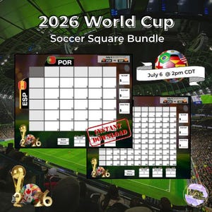 Può includere: Un pacchetto di griglie per il calcio 2026 World Cup Soccer Square Bundle con due layout numerati, le bandiere di Portogallo e Spagna e il testo July 6 @ 2pm CDT e Instant Download, su uno sfondo che raffigura uno stadio.