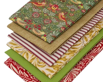 Lote de 6 Fat Quarters - Telas "William Morris – Strawberry Thief Green" en verde, ocre y terracota. 100 % algodón para acolchado y manualidades.