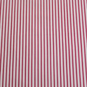 May include: Red and white striped fabric with thin stripes. The fabric has a smooth texture.