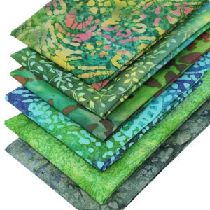 6 Fat Quarters Batik Bundle - &quot;Lush Green&quot; - 100% Cotton Batiks in Shades of Green and Blue Ideal for Quilting, Patchwork and Craft Sewing.