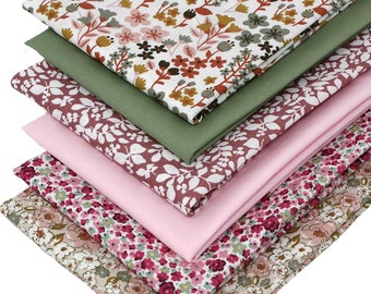 6 Fat Quarters Bundle -"Hector's Garden - Pink" Floral & Plain Fabrics in Shades of Pink and Green. 100% Cotton. For Quilting and Crafting