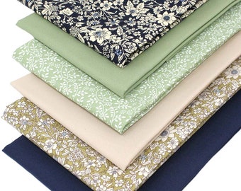 6 Fat Quarters Bundle -"Summer Retreat" Floral & Plain Solid Fabrics in Green, Blue and Beige. Ideal for Sewing / Quilting. 100% Cotton