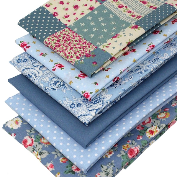 6 Fat Quarters – Vintage Blue Bundle – Floral, Polkadot and Rose Designs 100% Cotton Fabric