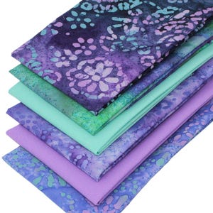 6 Fat Quarters Batik Bundle -"Batik Array" Batik and Plain Solid Fabrics in Purple, Blue, and Green. 100% Cotton Ideal for Sewing & Quilting