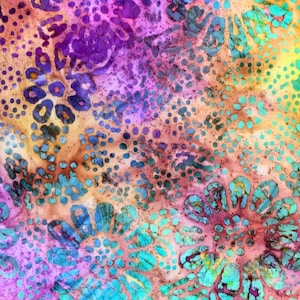 May include: Abstract textile design with a vibrant mix of colours. The pattern includes purple, teal, yellow, and orange hues with spotted and floral-like motifs. The fabric has a watercolour-like appearance.