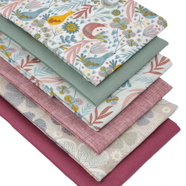 6 Fat Quarters Bundle - "Garden Birds" Beautiful Fabrics in Shades of Pink & Green. 100% Cotton Ideal for Quilting, Patchwork and Crafting.