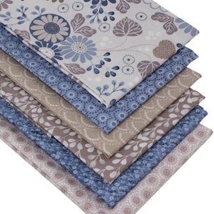 6 Fat Quarters Bundle - "Geoflora" Fabrics In Blue and Beige Featuring Bold Floral Design & Geometrics. 100% Cotton for Quilting, Patchwork