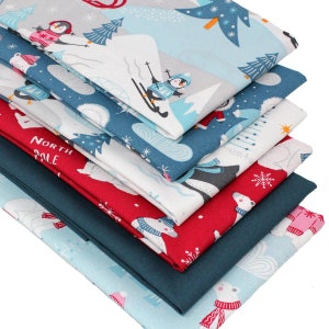 6 Fat Quarters Bundle - "North Pole Christmas" – Arctic-themed fabrics with polar bears and penguins. 100% Cotton for Quilting & Patchwork.