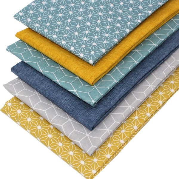 6 Fat Quarters Bundle - "Geometrics" A Fabulous Collection of Geometric Fabrics in Ochre and Teal. Ideal for Sewing & Quilting. 100% Cotton.