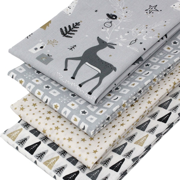 4 Fat Quarters Bundle -"Christmas Forest" Fabrics Featuring Reindeer in Shades of Grey & White. For Xmas Quilting and Crafting. 100% Cotton