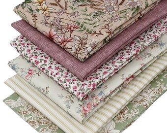 6 Fat Quarters Bundle -"Escape to The Country" A Pretty Set of Floral Fabrics in Soft Hues of Cream, Pink & Blue 100% Cotton.