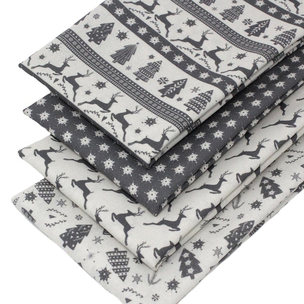 4 Fat Quarters Bundle –"Scandi Christmas" – Grey 100% Organic Cotton Fabric with Vintage Style Scandi Designs