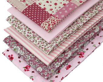 6 Fat Quarters – Vintage Pink Bundle – Floral, Ticking, Plain and Rose Designs 100% Cotton Fabric. Ideal For Quilting, Patchwork and Sewing.