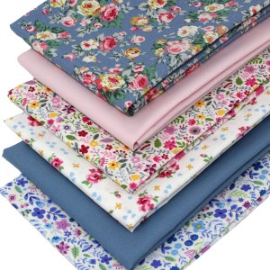 6 Fat Quarters Bundle - "Fabulously Rosie" - Floral Fabrics In Blue and Pink. 100% Cotton. Ideal for Quilting, Patchwork and Craft Sewing.