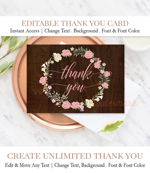 Wood Thank You Card Printable Floral Wreath Thank You Note - Etsy